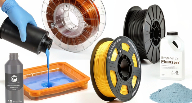 Range of 3D printing materials including filaments, resins, powders, and metal alloys